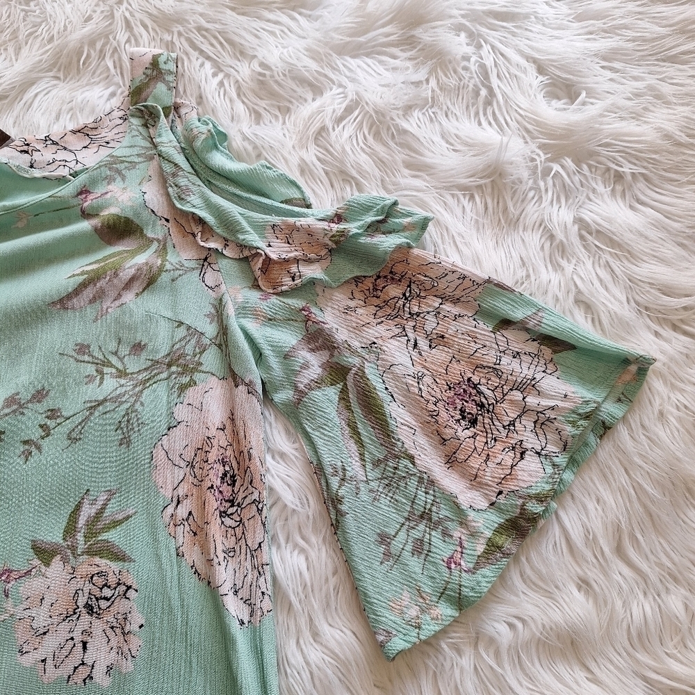 Blu Heaven Mint Green Floral Ruffle Cold-Shoulder Dress - Picture 8 of 14
